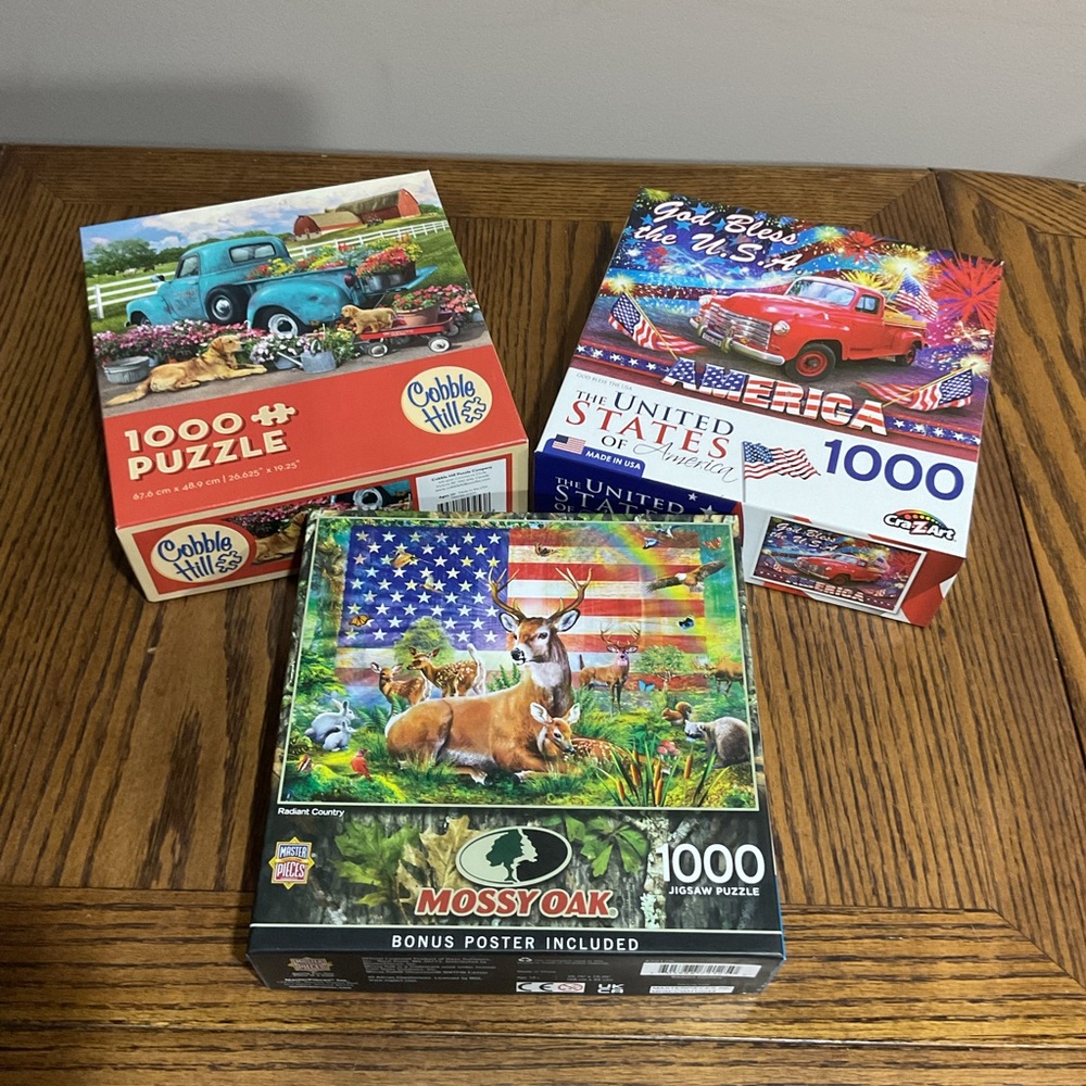 3 1000-Piece Jigsaw Puzzles with posters Deer & Flag, USA Red Truck, Blue Truck